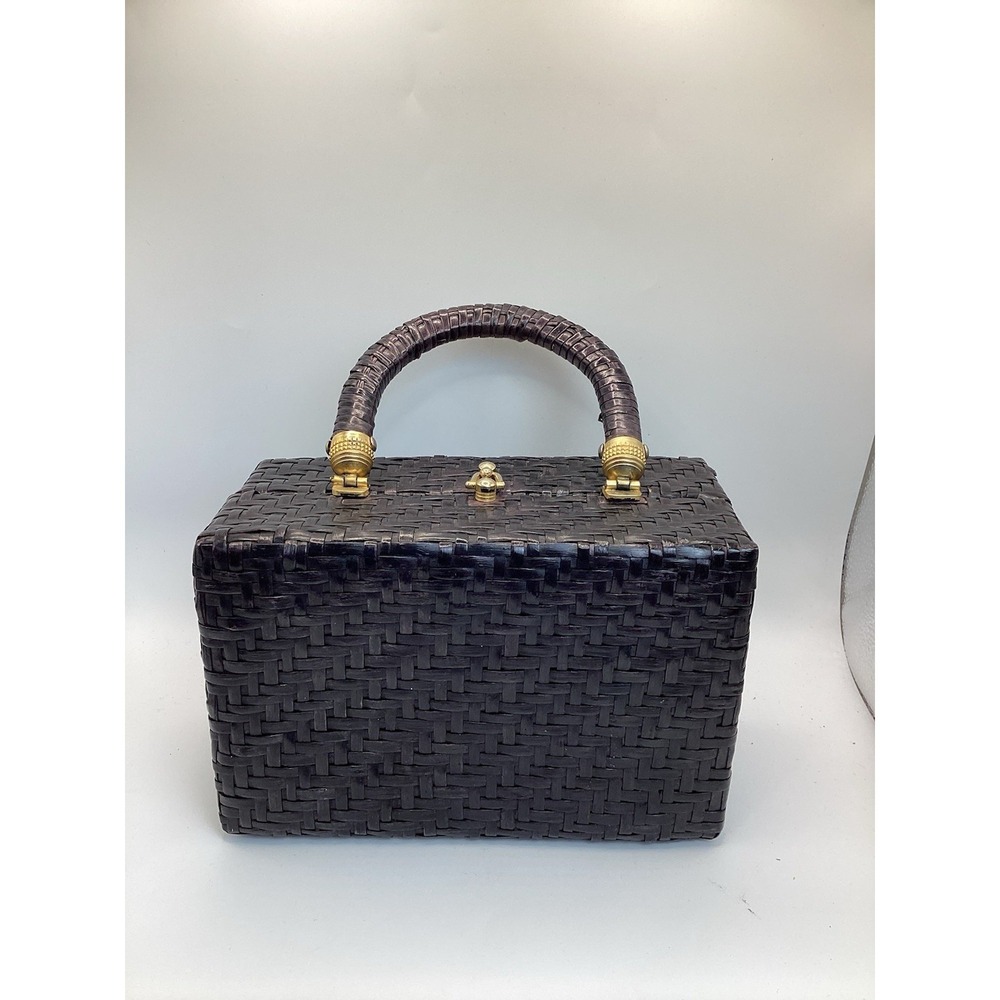 Vintage Black Woven Box Purse Top Handle Gold Tone Clasp Basket Style